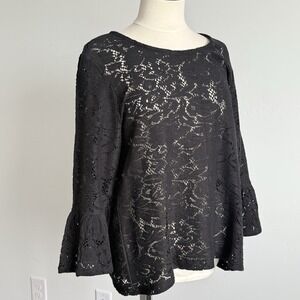 Chico's Black Floral Lace Blouse Bell‎ Sleeves Woman XL Party Event Dressy